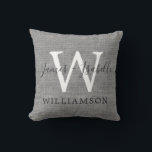 Chic Grey Linen Newlywed Monogram Wedding Keepsake Throw Pillow<br><div class="desc">Elegant wedding keepsake grey woven linen effect pillow with your names, monogram and married name in chic handwritten script calligraphy and modern typography. Simply add your names and monogram. Great home decor gift for a newlywed couple. Exclusively designed for you by Happy Dolphin Studio. If you need any help or...</div>
