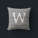 Chic Grey Linen Newlywed Monogram Wedding Keepsake Throw Pillow<br><div class="desc">Elegant wedding keepsake grey woven linen effect pillow with your names, monogram and married name in chic handwritten script calligraphy and modern typography. Simply add your names and monogram. Great home decor gift for a newlywed couple. Exclusively designed for you by Happy Dolphin Studio. If you need any help or...</div>