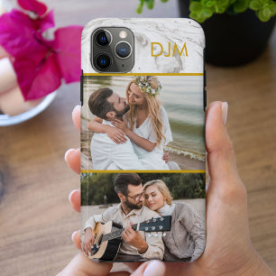 Chic Grey Marble and Gold Initials and 2 Photo iPhone 11 Pro Max Case
