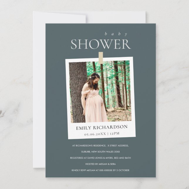 CHIC GREY MINIMAL CUSTOM PHOTO BABY SHOWER INVITE (Front)