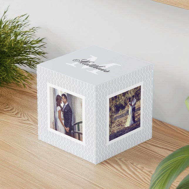 Chic Grey Monogram Wedding Photo Cube (Creator Uploaded)
