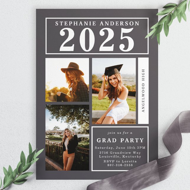 Chic Grey Photo Collage Graduation Party Invitation (Creator Uploaded)