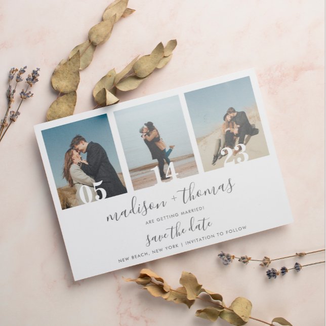 Chic Grey Script 3 Photo Wedding Save The Date Magnetic Invitation (Creator Uploaded)