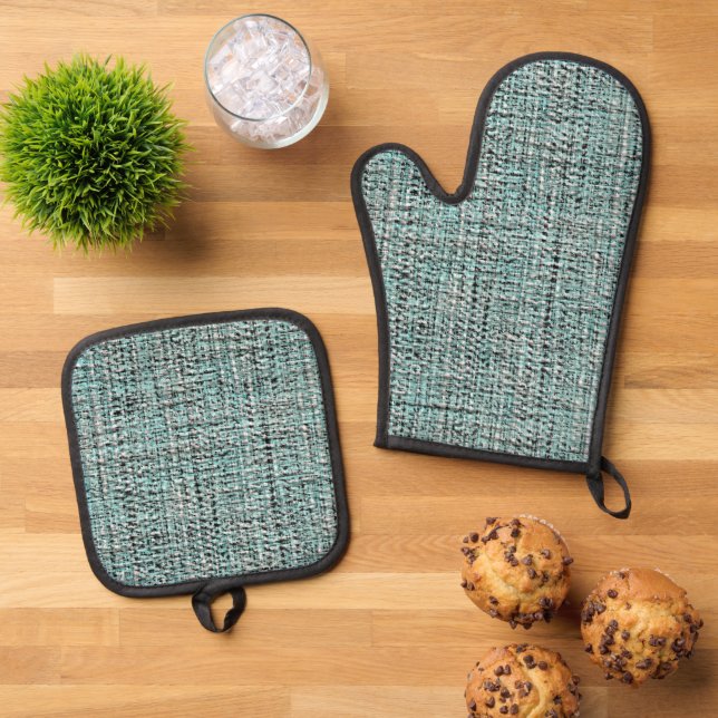 Chic Grey Seafoam Blue Green Boucle Woven Pattern Oven Mitt & Pot Holder Set (Top Down)