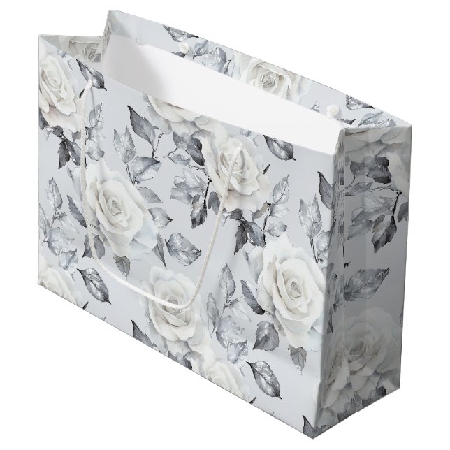 Chic Grey Silver White Floral Wedding Large Gift Bag (Front Angled)