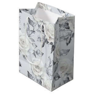 Chic Grey Silver White Floral Wedding Medium Gift Bag