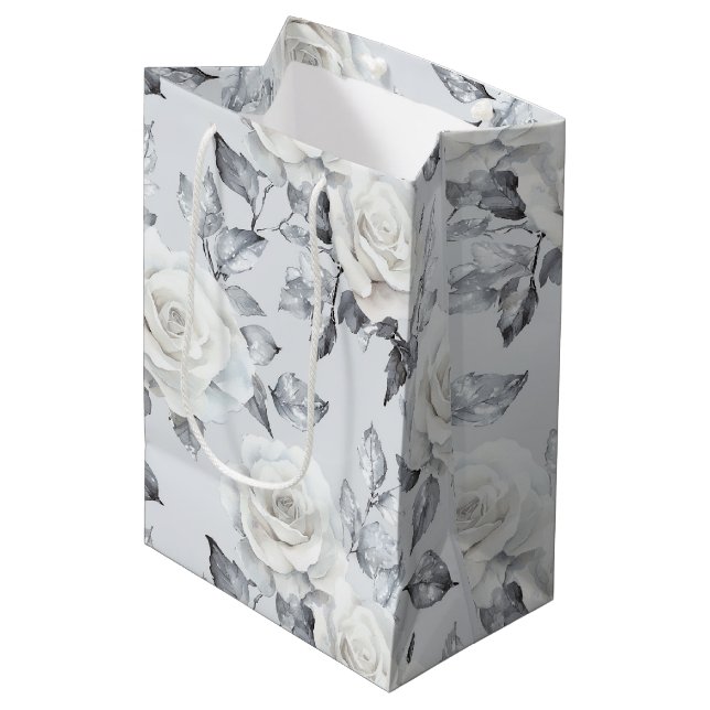 Chic Grey Silver White Floral Wedding Medium Gift Bag (Front Angled)