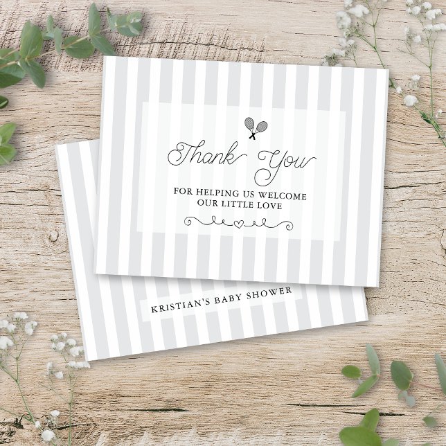 Chic Grey Striped Tennis Preppy Thank You Cards (grey tennis theme thank you cards with elegant preppy striped design)