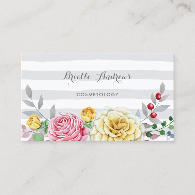 Chic Grey Stripes Pink and Yellow Rose Floral Business Card (Front)