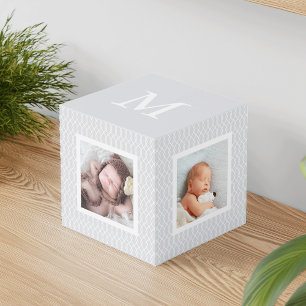 Chic Grey Trellis Pattern Monogram Photo Cube