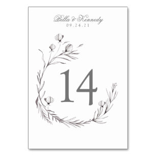 Chic Grey White Botanical Wreath Wedding Table Number