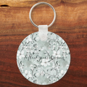 Chic Grey White Flowers Keychain