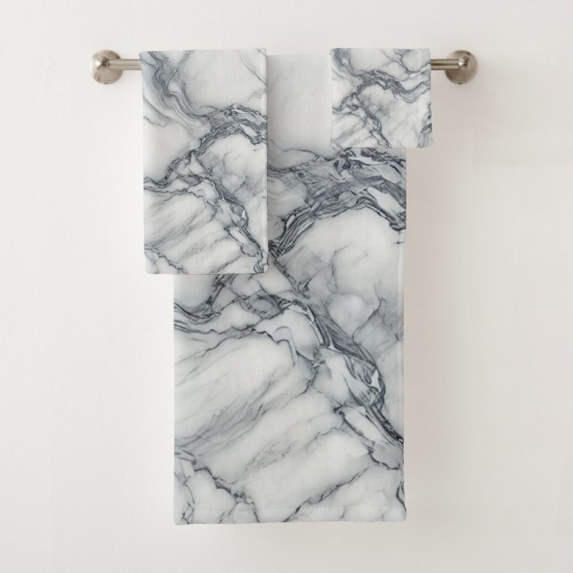 Chic Grey & White Marble Look Glamour Bath Towel Set (Insitu)