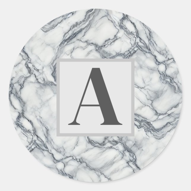 Chic Grey & White Marble Look Glamour Classic Round Sticker (Front)
