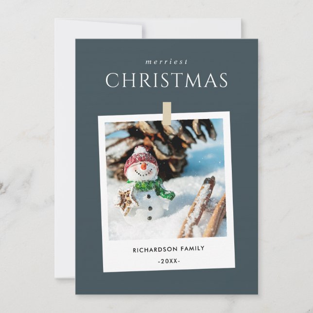 CHIC GREY WINTER PHOTO SNOWMAN MERRIEST CHRISTMAS HOLIDAY CARD (Front)