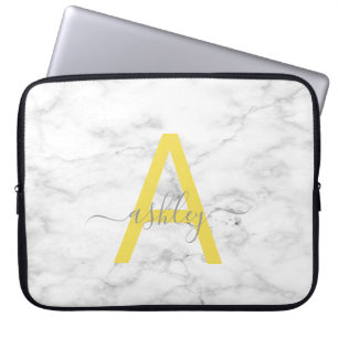 Chic Grey Yellow White Marble Script Name Monogram Laptop Sleeve