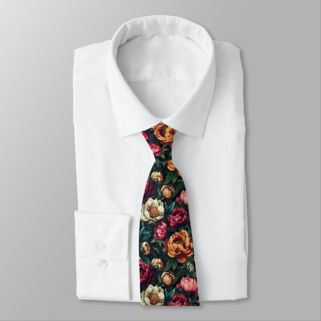 Chic Groomsmen Gift Peonies Floral Tie (Tied)