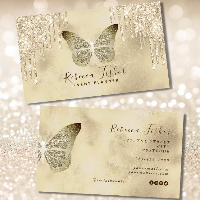 Chic Grunge Rustic Butterfly Ivory Gold Dripping Business Card (grunge butterfly business cards)
