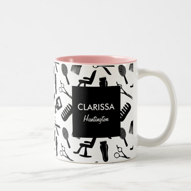 Chic Hair Stylist Pattern Custom Name Two-Tone Coffee Mug (Right)