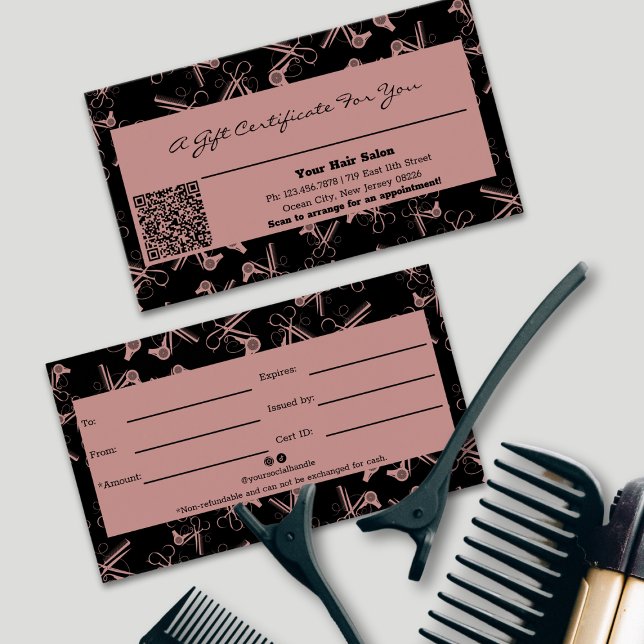 Chic Hair Tools Motif QR Code certificat cadeau (Chic Hair Tools Pattern QR Code Gift Certificate, Tuscany Pink & Black)