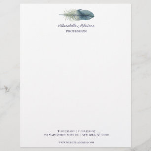 Chic Hand drawn blue grey watercolor feather V1 Letterhead