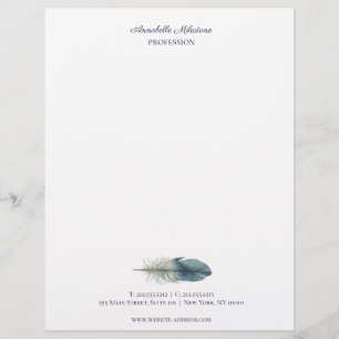 Chic Hand drawn blue grey watercolor feather V2 Letterhead