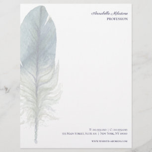 Chic Hand drawn blue grey watercolor feather V3 Letterhead