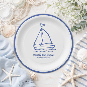 Chic Hand Drawn Boat with Waves Wedding Paper Plate