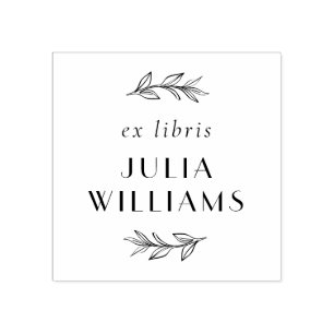 Chic Hand-drawn Botanical Leaves Ex Libris Name Rubber Stamp
