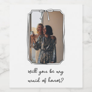 Chic Hand Drawn Bow Maid of Honour Proposal Photo Wine Label