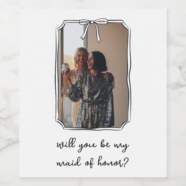 Chic Hand Drawn Bow Maid of Honour Proposal Photo Wine Label (Single Label)