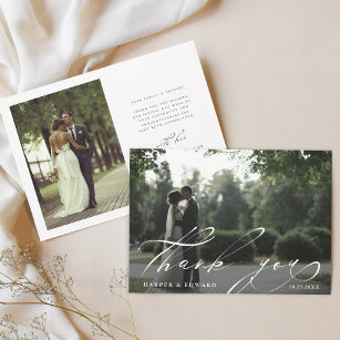 Chic Hand Lettered 2 Photo Wedding  Thank You Card