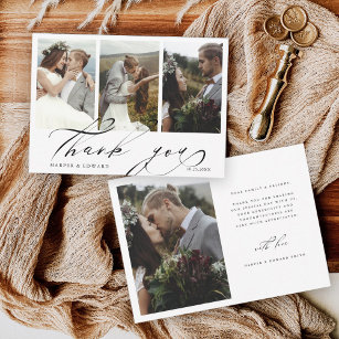 Chic Hand Lettered 4 Photo Wedding Thank You Card