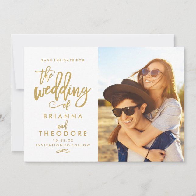 Chic Hand Lettered Gold Save The Date Photo (Front)