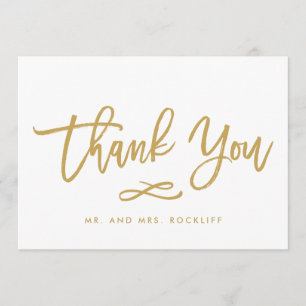 Chic Hand Lettered Gold Thank You Flat Card