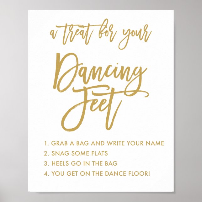 Chic Hand Lettered Gold Wedding Dancing Feet Sign (Front)