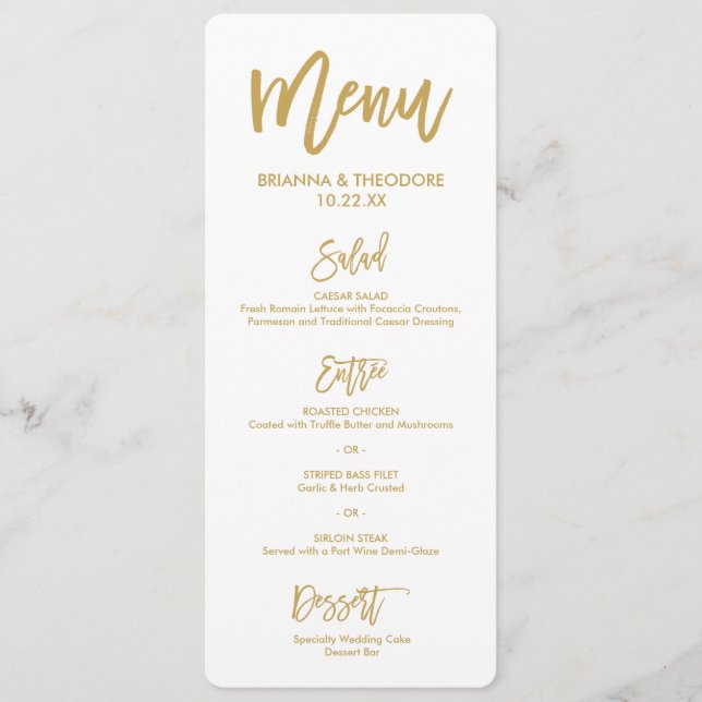 Chic Hand Lettered Gold Wedding Menu (Front)