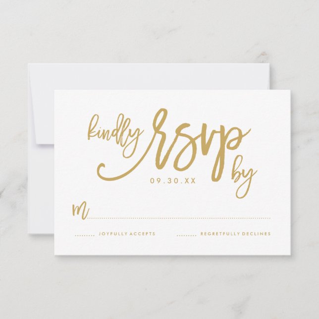 Chic Hand Lettered Gold Wedding RSVP Card (Front)