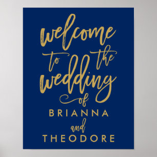 Chic Hand Lettered Gold Wedding Welcome Sign Navy