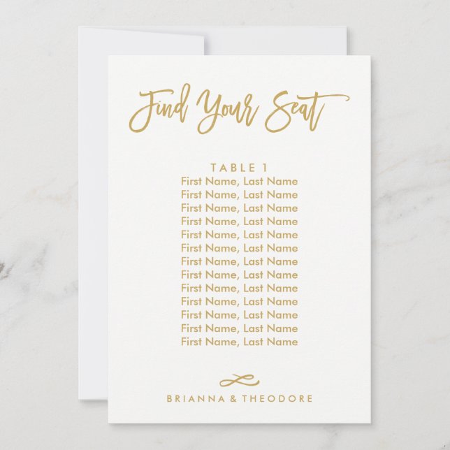 Chic Hand Lettered Individual Seating Chart Gold Invitation (Front)
