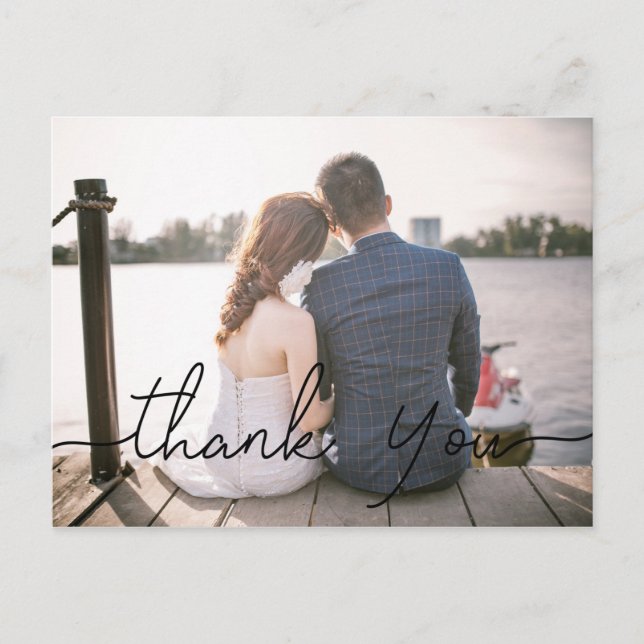 Chic Hand Lettered Photo Wedding Thank You Card (Front)