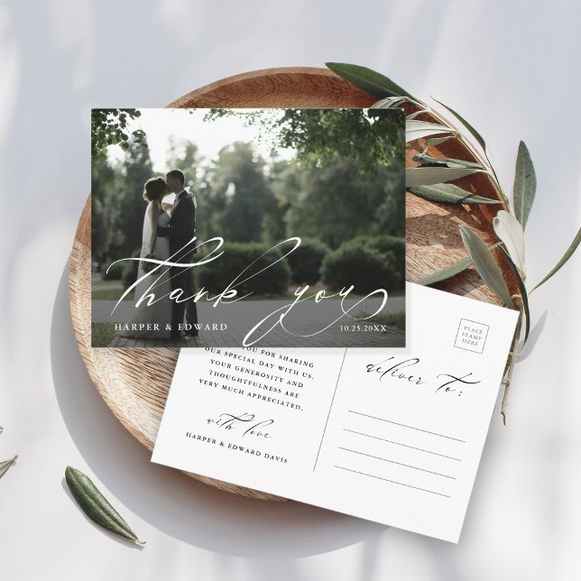 Chic Hand Lettered Photo Wedding Thank You  Postcard (Creator Uploaded)