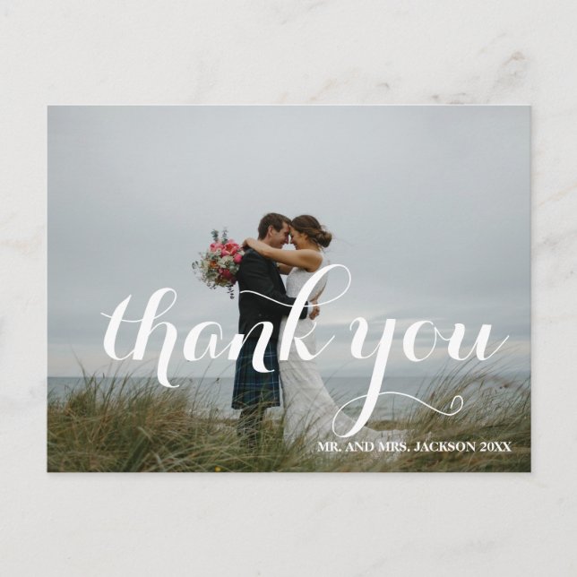 Chic Hand Lettered Photo Wedding Thank You Postcard (Front)