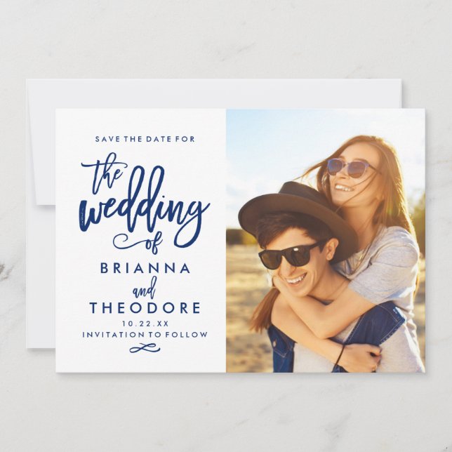 Chic Hand Lettered Save The Date Photo Navy (Front)