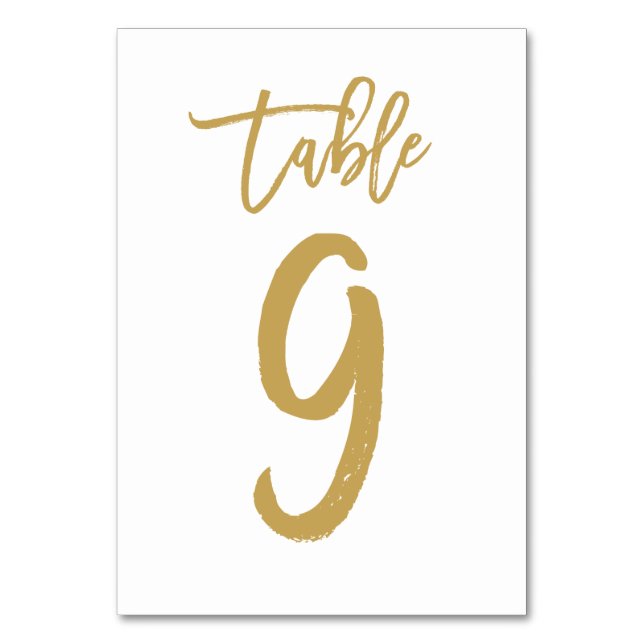 Chic Hand Lettered Table Number Gold | Table 9 (Front)