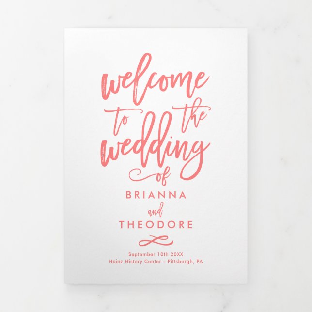 Chic Hand-Lettered Wedding Ceremony Photo Program Tri-Fold Programme (Cover)