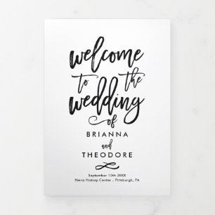 Chic Hand-Lettered Wedding Ceremony Photo Program Tri-Fold Programme
