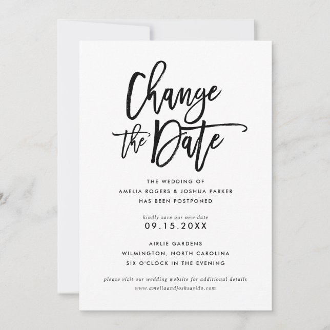 Chic Hand Lettered Wedding | Change The Date Invitation (Front)