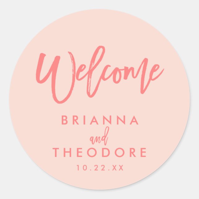 Chic Hand Lettered Wedding Welcome Sticker | coral (Front)