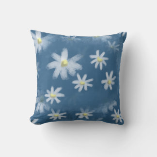 Chic Hand-Painted White Daisies on Dusty Blue Thro Throw Pillow